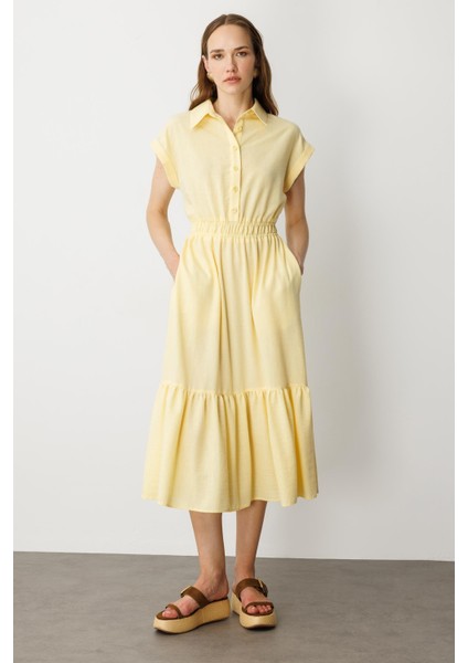 Keten Görünüm Farbela Detaylı Uzun Elbise-Sarı
