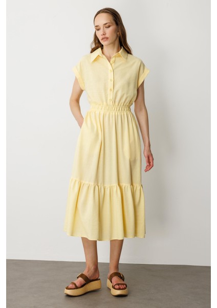 Keten Görünüm Farbela Detaylı Uzun Elbise-Sarı fiyatları