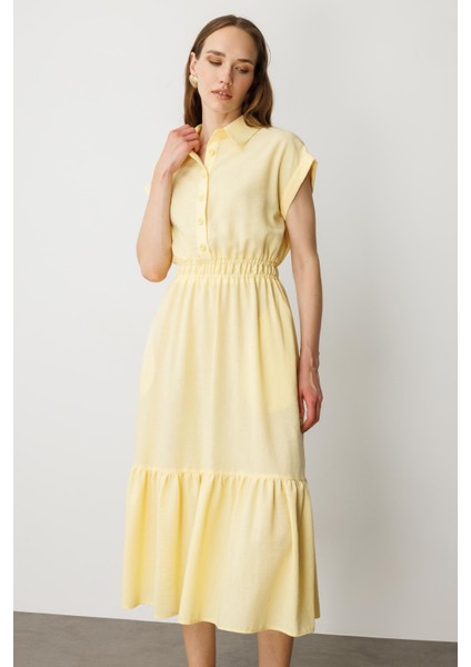 Keten Görünüm Farbela Detaylı Uzun Elbise-Sarı modelleri