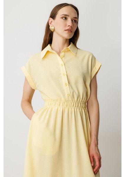 Keten Görünüm Farbela Detaylı Uzun Elbise-Sarı fırsatları