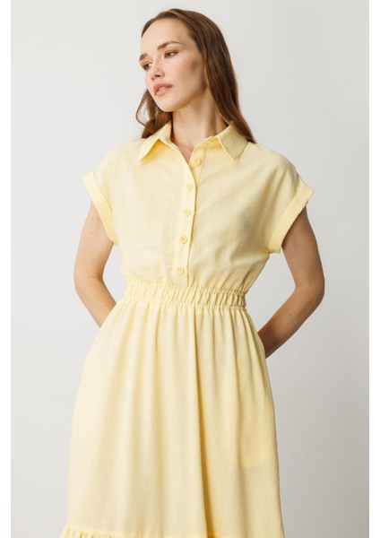 Keten Görünüm Farbela Detaylı Uzun Elbise-Sarı indirimleri