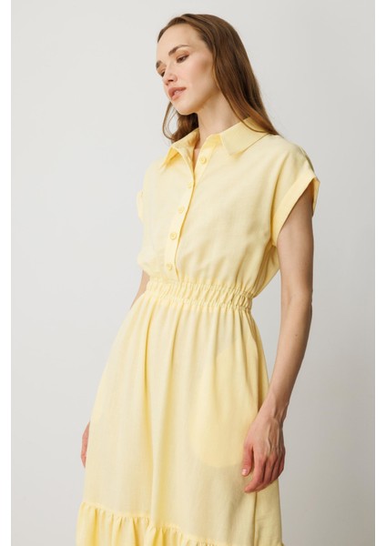 Keten Görünüm Farbela Detaylı Uzun Elbise-Sarı