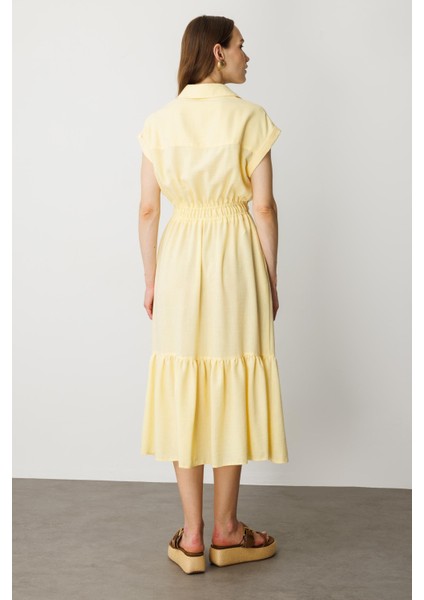 Keten Görünüm Farbela Detaylı Uzun Elbise-Sarı