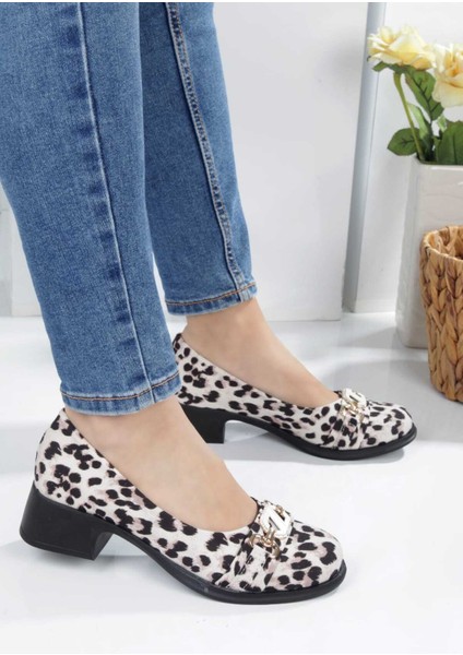 Leopar Desenlı Taş Detaylı Toka Kadın Topuklu Babet modelleri