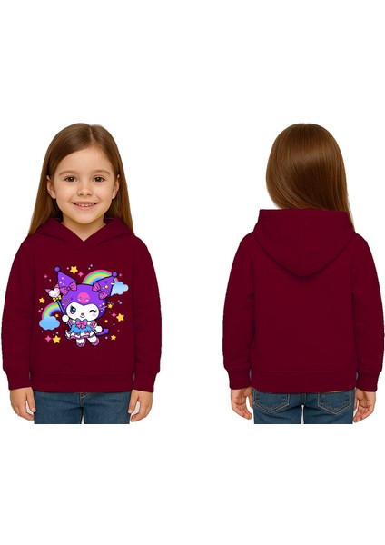 Unisex Baskılı Çocuk Swaetshirt Kapüşonlu 3 Iplik Şardonlu Kuromi Baskılı