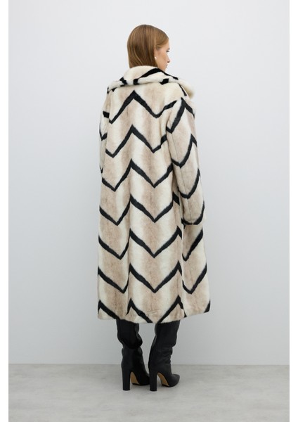 Zigzak Çizgili Suni Kürk Kaban Bej- Siyah K2619006_218 fiyatları