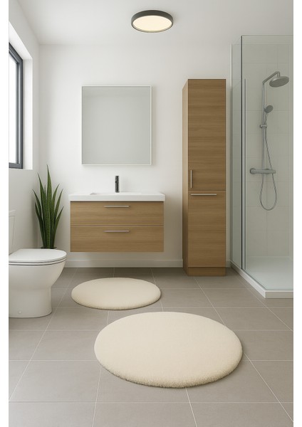 2'li Krem Yuvarlak Yumuşak Kaymaz Taban Peluş Yıkanabilir Banyo Oturma Odası HALI(60X60 ve 80X80)