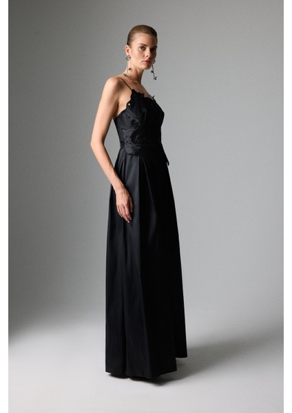 Ince Askılı Brode Detaylı Tafta Elbise Siyah K2611308_001 fırsatları