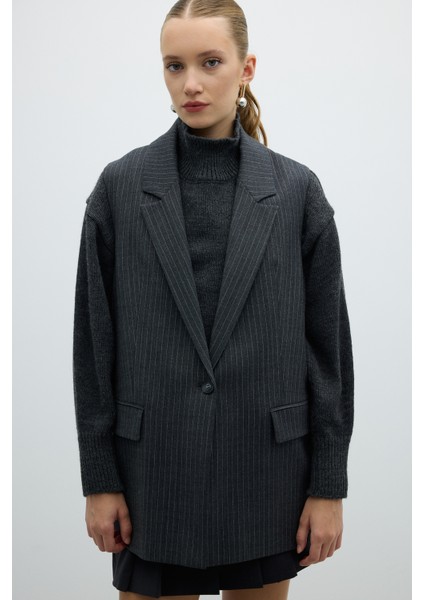 Lurex Çizgili Erkek Yaka Yelek Gri K2617010_004