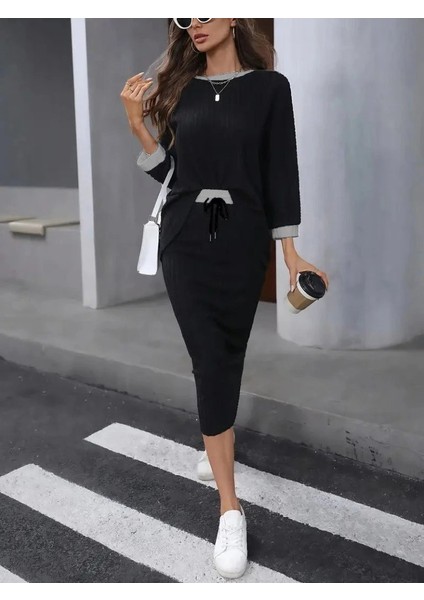 Kadın Uzun Kollu Yakası Açık Şardonlu Kaşkorse Bluz ve Eteği Bağcıklı Ikili Takım fiyatları