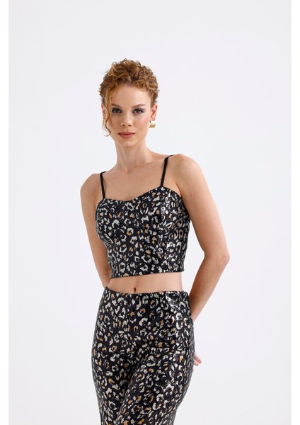 Gloplu Fermuarlı Pul Payet Bustiyer | BUS32675 Siyah Gold Leopar