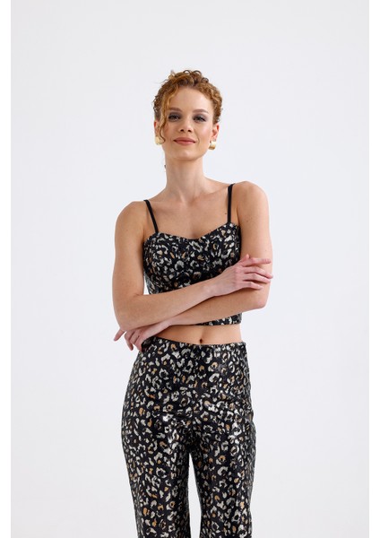 Gloplu Fermuarlı Pul Payet Bustiyer | BUS32675 Siyah Gold Leopar fiyatları