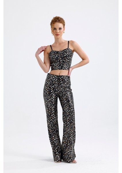 Gloplu Fermuarlı Pul Payet Bustiyer | BUS32675 Siyah Gold Leopar modelleri