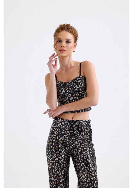 Gloplu Fermuarlı Pul Payet Bustiyer | BUS32675 Siyah Gold Leopar fırsatları