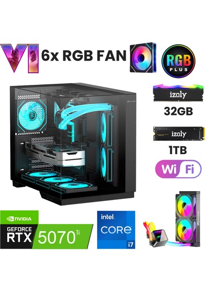 Elite X2 I7 14700F 32GB Ddr5 Ram 1tb M.2 SSD RTX5070TI 16GB 240MM Rgb Sıvı Soğutma Oyuncu Masaüstü Bilgisayarı