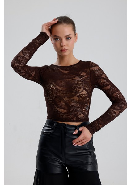 Dantel Uzun Kollu Crop Bluz | BUST36259 Kahve
