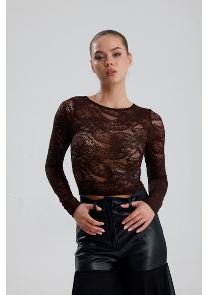 Dantel Uzun Kollu Crop Bluz | BUST36259 Kahve fiyatları