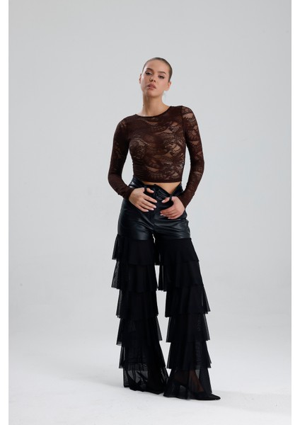 Dantel Uzun Kollu Crop Bluz | BUST36259 Kahve modelleri