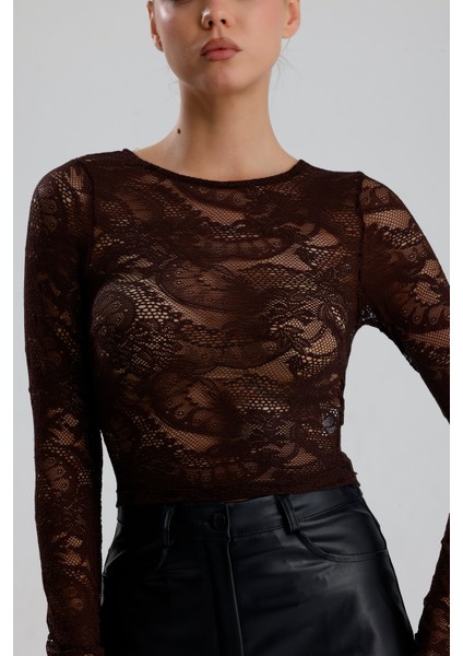 Dantel Uzun Kollu Crop Bluz | BUST36259 Kahve fırsatları