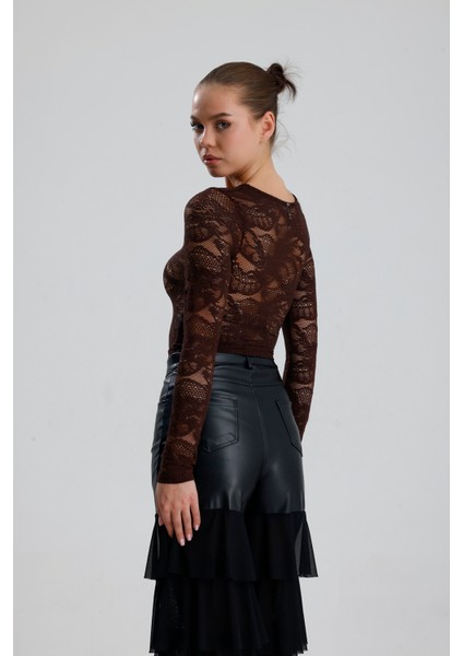 Dantel Uzun Kollu Crop Bluz | BUST36259 Kahve indirimleri