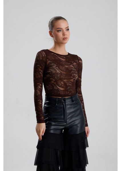 Dantel Uzun Kollu Crop Bluz | BUST36259 Kahve