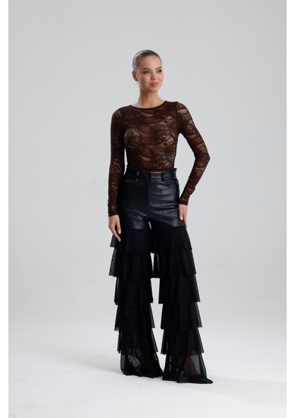 Dantel Uzun Kollu Crop Bluz | BUST36259 Kahve