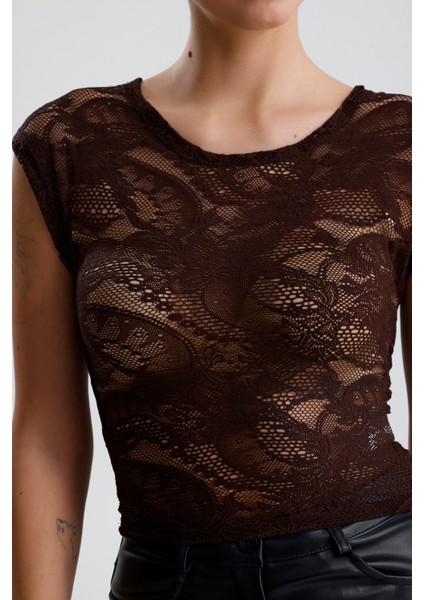 Dantel Transparan Kısa Kollu Bluz | BUST35379 Kahve fırsatları