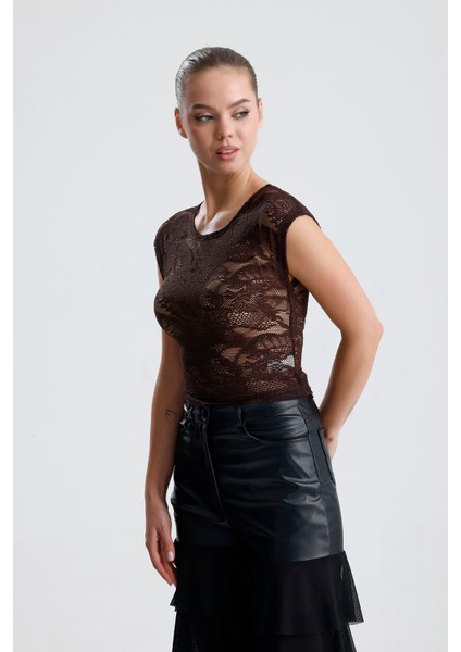 Dantel Transparan Kısa Kollu Bluz | BUST35379 Kahve