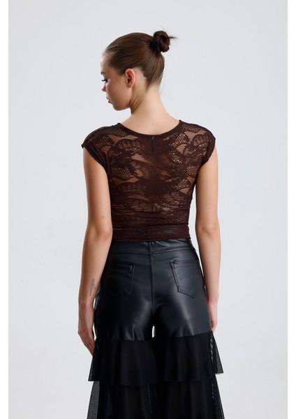 Dantel Transparan Kısa Kollu Bluz | BUST35379 Kahve