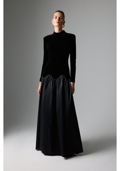 Yarım Balıkçı Uzun Kollu Maksi Elbise Siyah K2611315_001