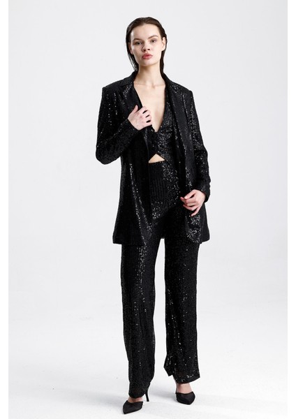 Payetli Yelekli Kadınabiye Takım - Şık Blazer Ceket, Yelek ve Pantolon