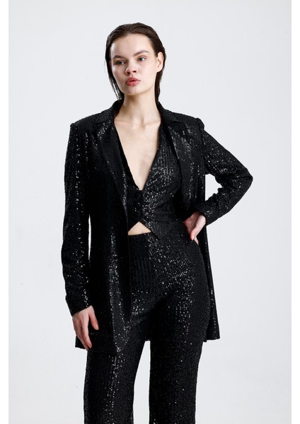 Payetli Yelekli Kadınabiye Takım - Şık Blazer Ceket, Yelek ve Pantolon