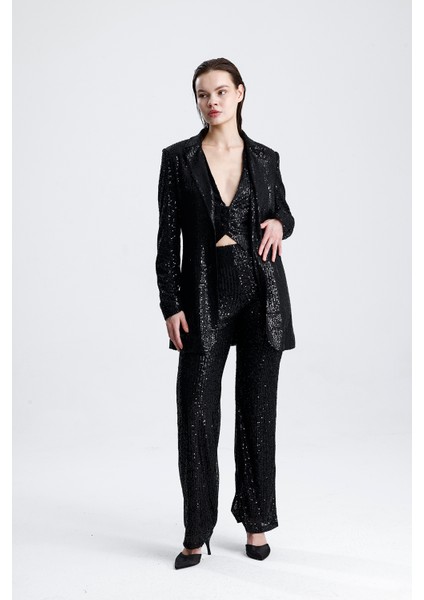 Payetli Yelekli Kadınabiye Takım - Şık Blazer Ceket, Yelek ve Pantolon