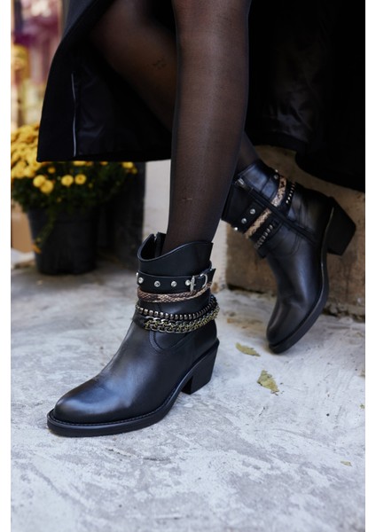 Facile Kadın Siyah Gercek Deri Aksesuar Detayli Bot fiyatları