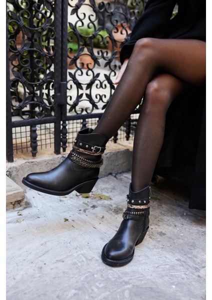 Facile Kadın Siyah Gercek Deri Aksesuar Detayli Bot indirimleri