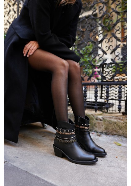 Facile Kadın Siyah Gercek Deri Aksesuar Detayli Bot