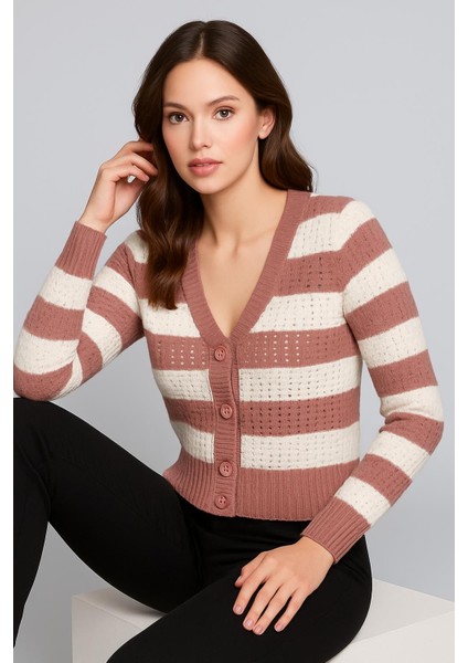 Kadın Önü Düğmeli ve Çift Renkli Triko Hırka