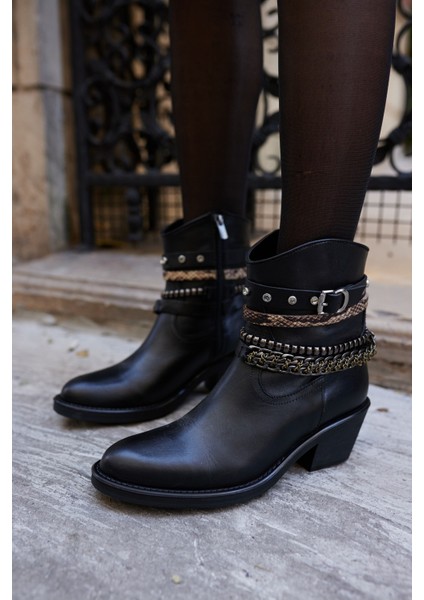 Facile Kadın Siyah Gercek Deri Aksesuar Detayli Bot