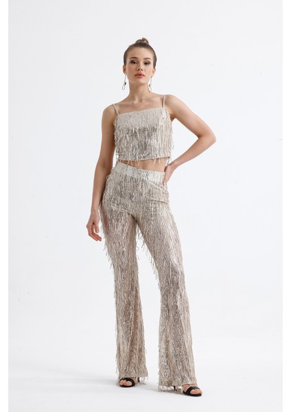 Astarlı Esnek Bel Pul Payet Abiye Pantolon | PNT36031