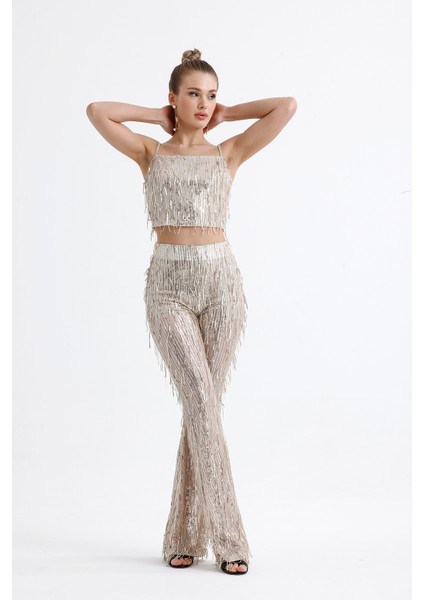 Astarlı Esnek Bel Pul Payet Abiye Pantolon | PNT36031