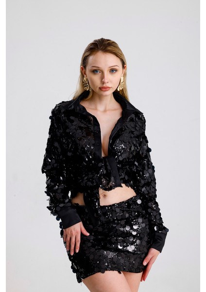 Astarlı Pul Detaylı Abiye Payet Mini Etek | ETK36397 Siyah