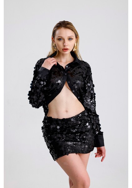 Astarlı Pul Detaylı Abiye Payet Mini Etek | ETK36397 Siyah