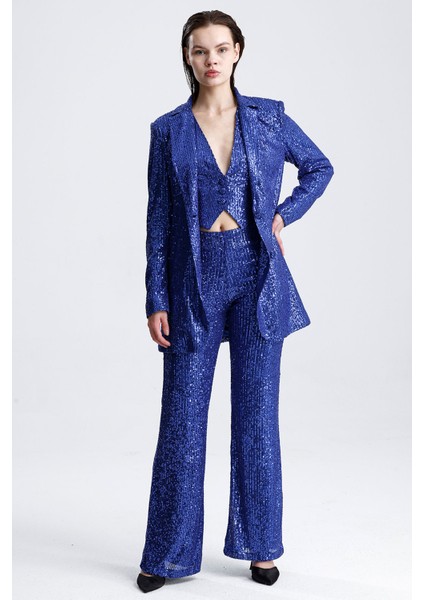 Payetli Yelekli Kadınabiye Takım - Şık Blazer Ceket, Yelek ve Pantolon Saks