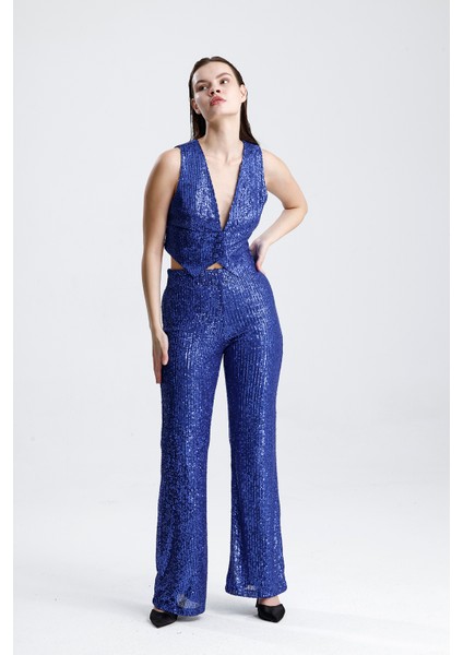 Payetli Yelekli Kadınabiye Takım - Şık Blazer Ceket, Yelek ve Pantolon Saks fırsatları