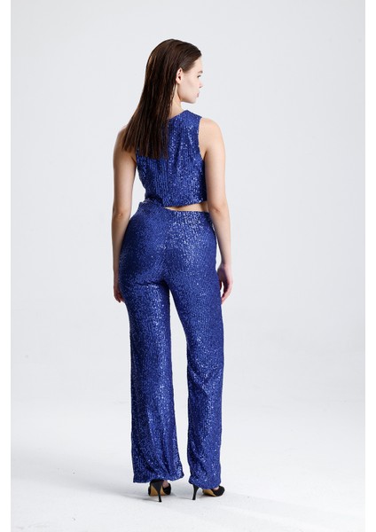 Payetli Yelekli Kadınabiye Takım - Şık Blazer Ceket, Yelek ve Pantolon Saks indirimleri