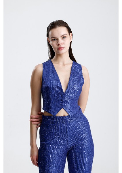 Payetli Yelekli Kadınabiye Takım - Şık Blazer Ceket, Yelek ve Pantolon Saks