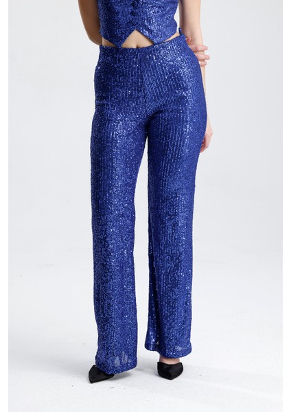 Payetli Yelekli Kadınabiye Takım - Şık Blazer Ceket, Yelek ve Pantolon Saks