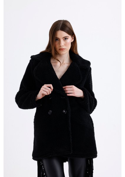 Astarlı Kruvaze Kürk Kaban | KBN32383 Siyah