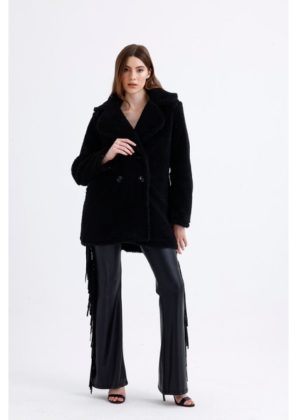 Astarlı Kruvaze Kürk Kaban | KBN32383 Siyah fırsatları