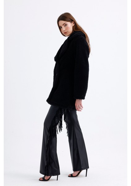 Astarlı Kruvaze Kürk Kaban | KBN32383 Siyah